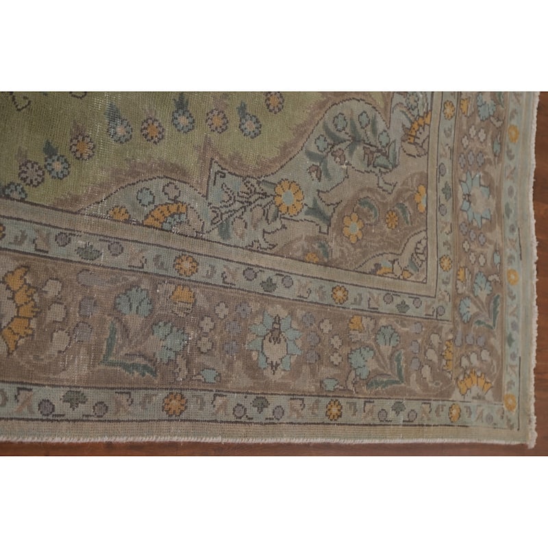 Green Distressed Tabriz Persian Antique Area Rug Handmade Wool Carpet - 6'6" x 9'8"