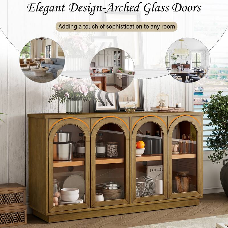 Storage Cabinet Buffet Sideboard with 4 Arched Glass Doors, Wood Accent Entryway Table with Adjustable Shelves