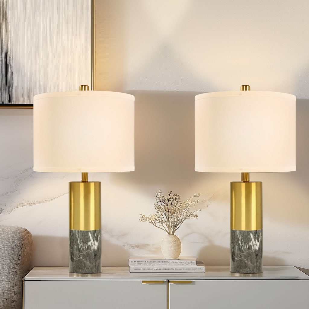 19.8-inch Marble Table Lamp With Linen Shade Set of 2