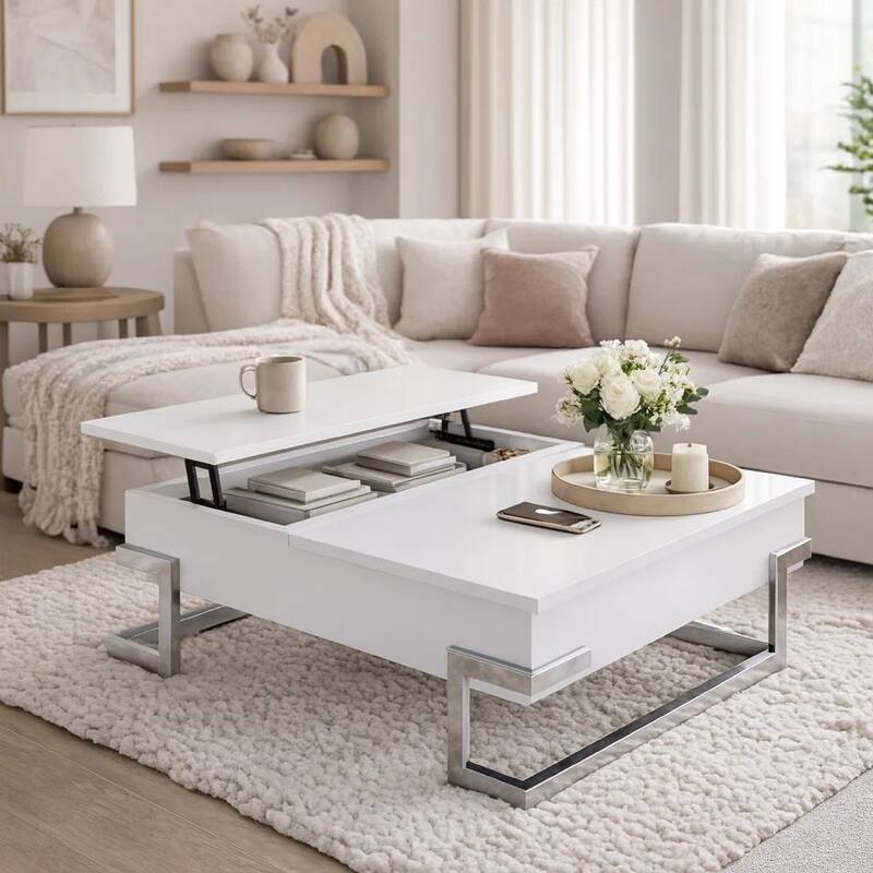 Wooden Coffee Table With Lift Top Storage Space, White