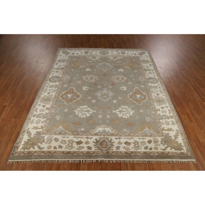 Gray Oushak Indian Area Rug Handmade Floral Transitional Wool Carpet - 7'11" x 10'1"