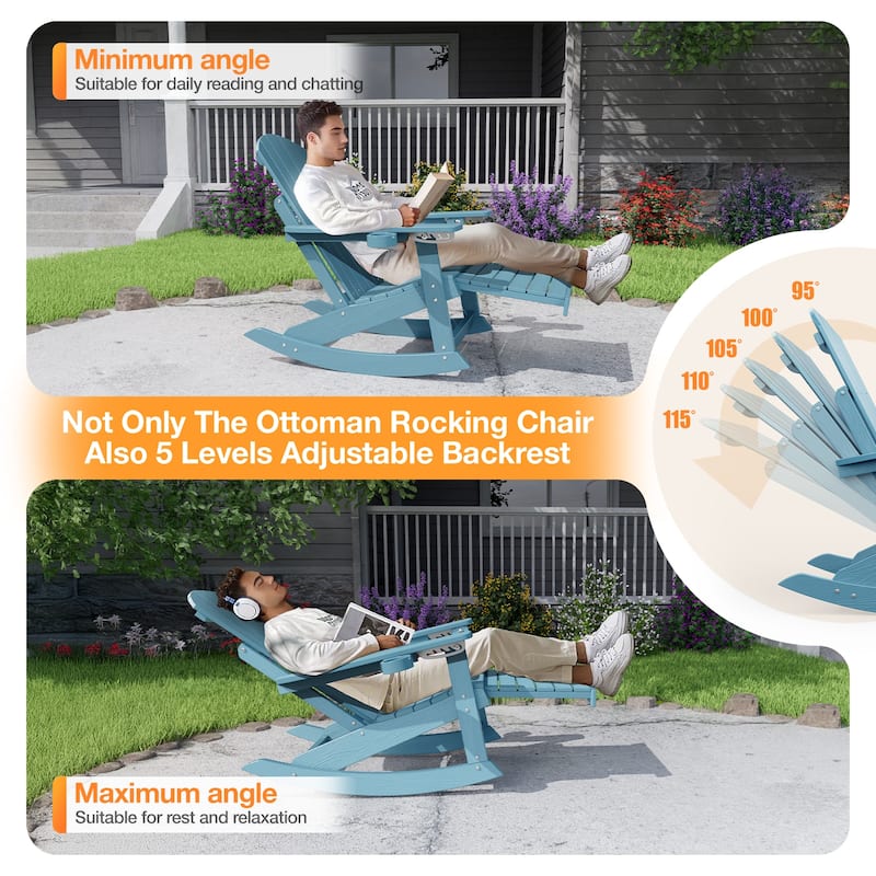 WINSOON HIPS Outdoor Rocking Chair with Adjustable Backrest and Retractable Ottoman-Set of 2