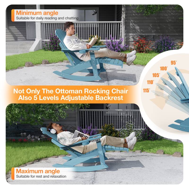 WINSOON Outdoor Rocking Chair with Adjustable Backrest and Retractable Ottoman-Set of 4