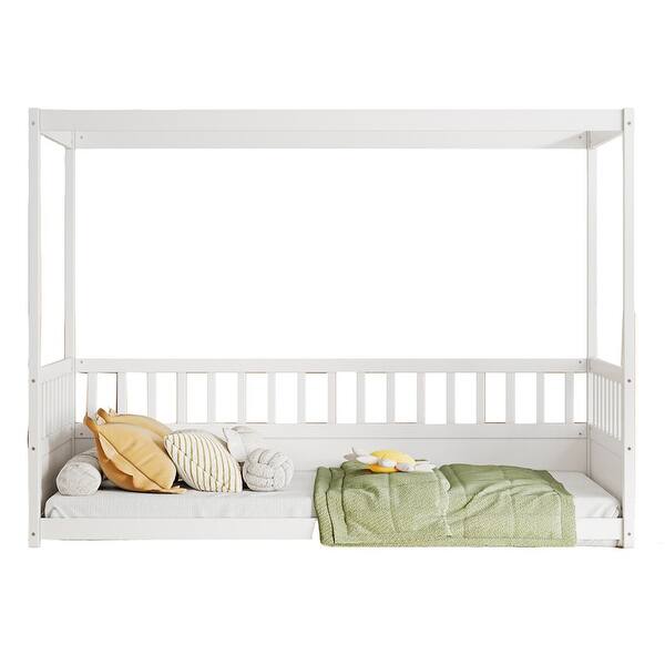 slide 2 of 30, Wooden Canopy Bed Frame with Guardrails, Four-Poster Design, and Montessori-Inspired Floor Bed for Kids . White - Twin
