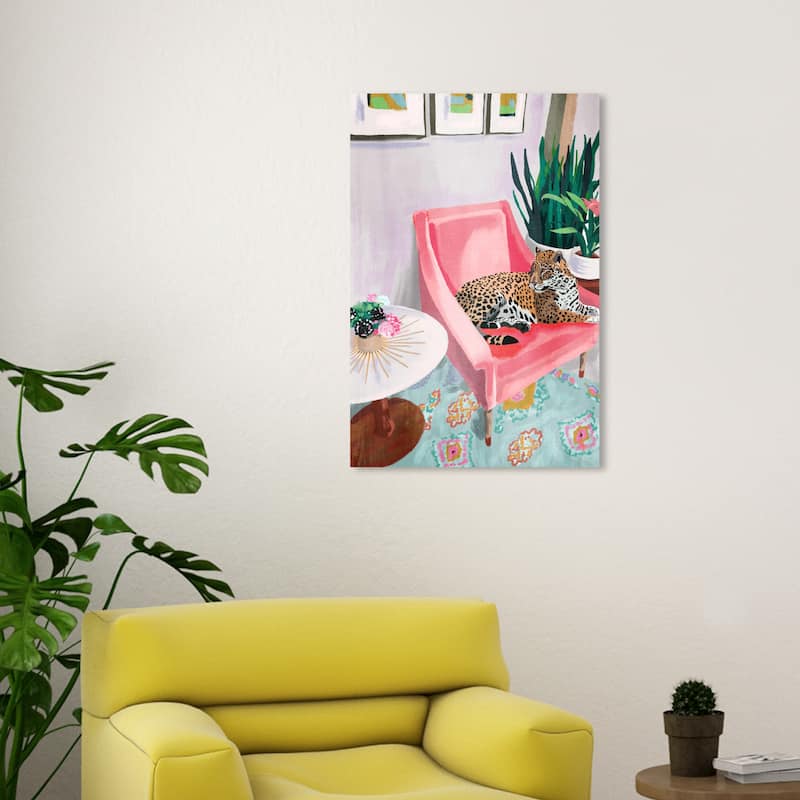 Wynwood Studio Canvas Animals Cat s Favorite Spot Pink and Bohemian & Eclectic Wall Art Canvas Print - Pink, Green - 30 x 20