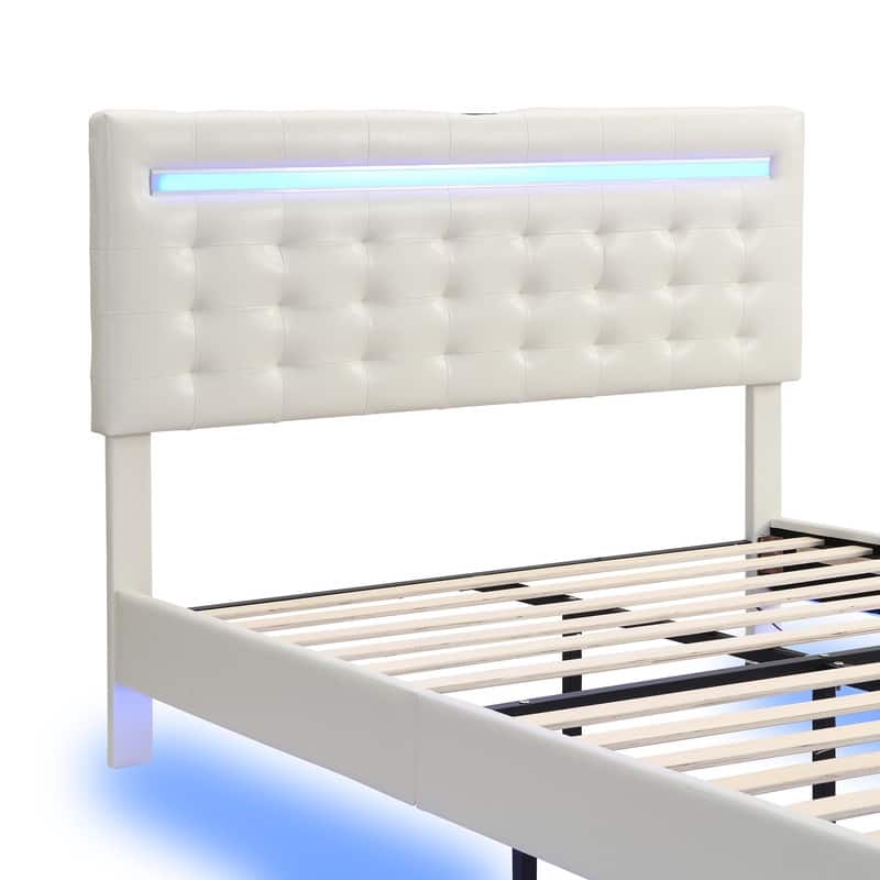 Full Size Floating Platform Bed with LED Lights and USB Charging