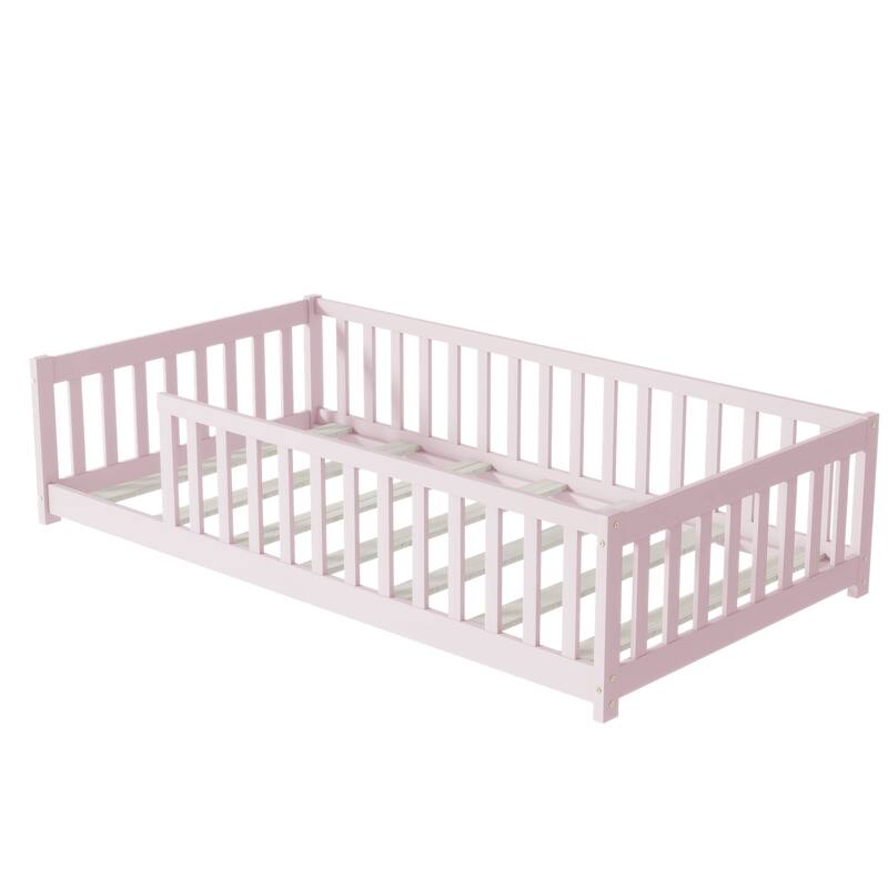 Rubber Wood Twin Size Floor Bed with Fence without Door
