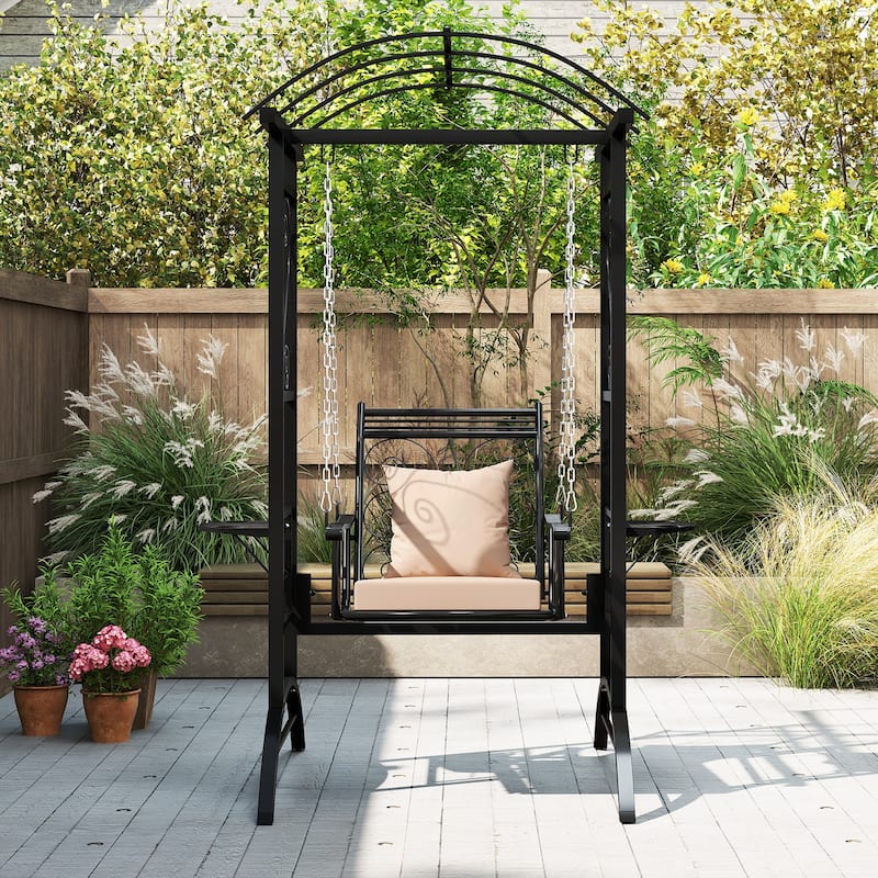 Gymax Outdoor Porch Swing w/Stand & 2 Trellises Removable Cushions for