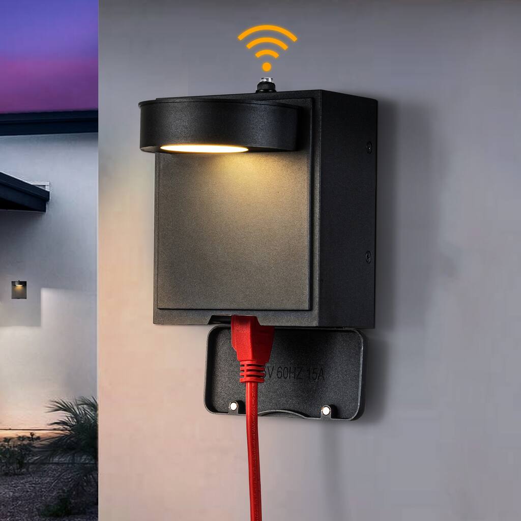 OB - Modern Outdoor Black LED Wall Lantern Sconce with Dusk to Dawn Sensor and Built-in GFCI Outlets