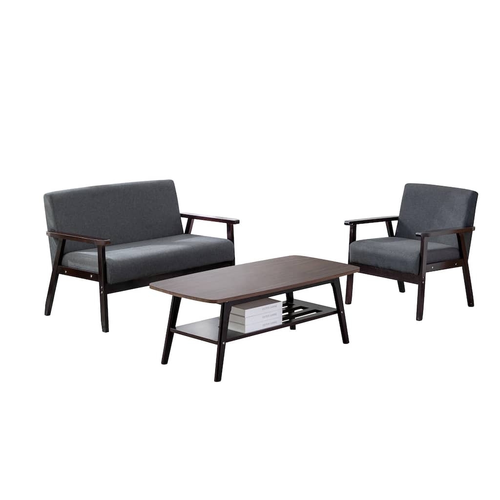 Gala 3 Piece Modern Coffee Table, Loveseat, Chair Set, Dark Brown, Gray