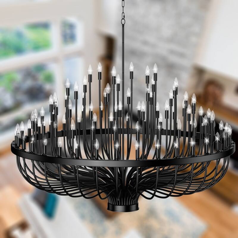Black Chandelier Modern Farmhouse Chandelier for Dining Room Round Industrial Candle Chandeliers Light Wagon Wheel Chandelier - 70.8in