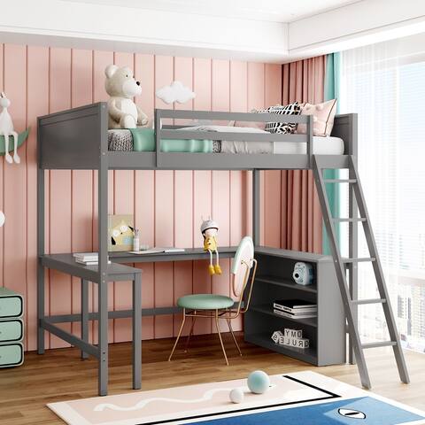 Full Size Wooden Loft Bed with Shelves and Desk