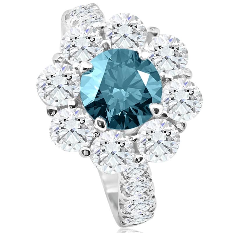 3 1/2Ct TW Blue & White Diamond Halo Engagement Ring White Gold Lab Grown