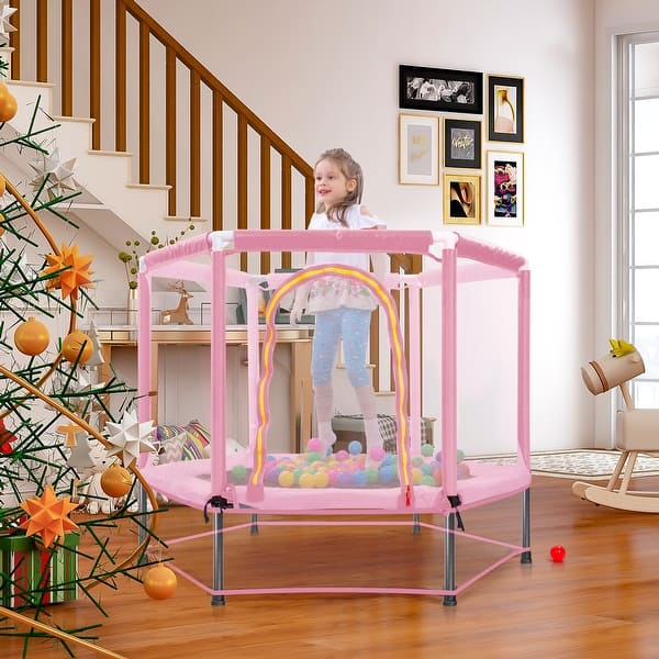 slide 2 of 8, 55'' Toddlers Trampoline with Safety Enclosure Net and Balls, Indoor Outdoor Mini Trampoline for Kids Kids