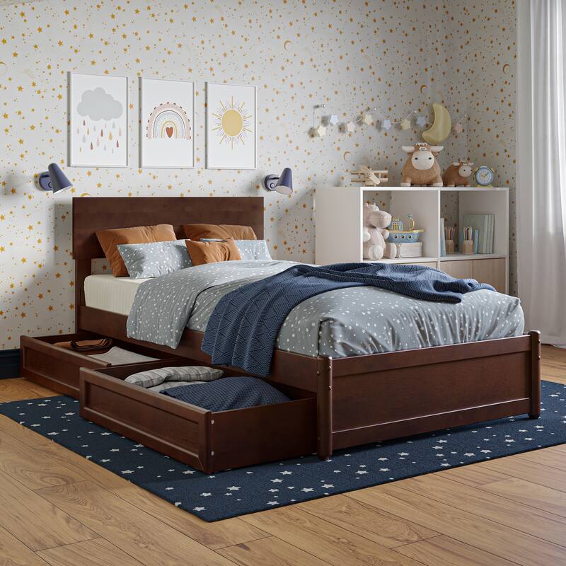 Wesley Platform Bed with Panel Footboard and Storage Drawers - Walnut - Twin