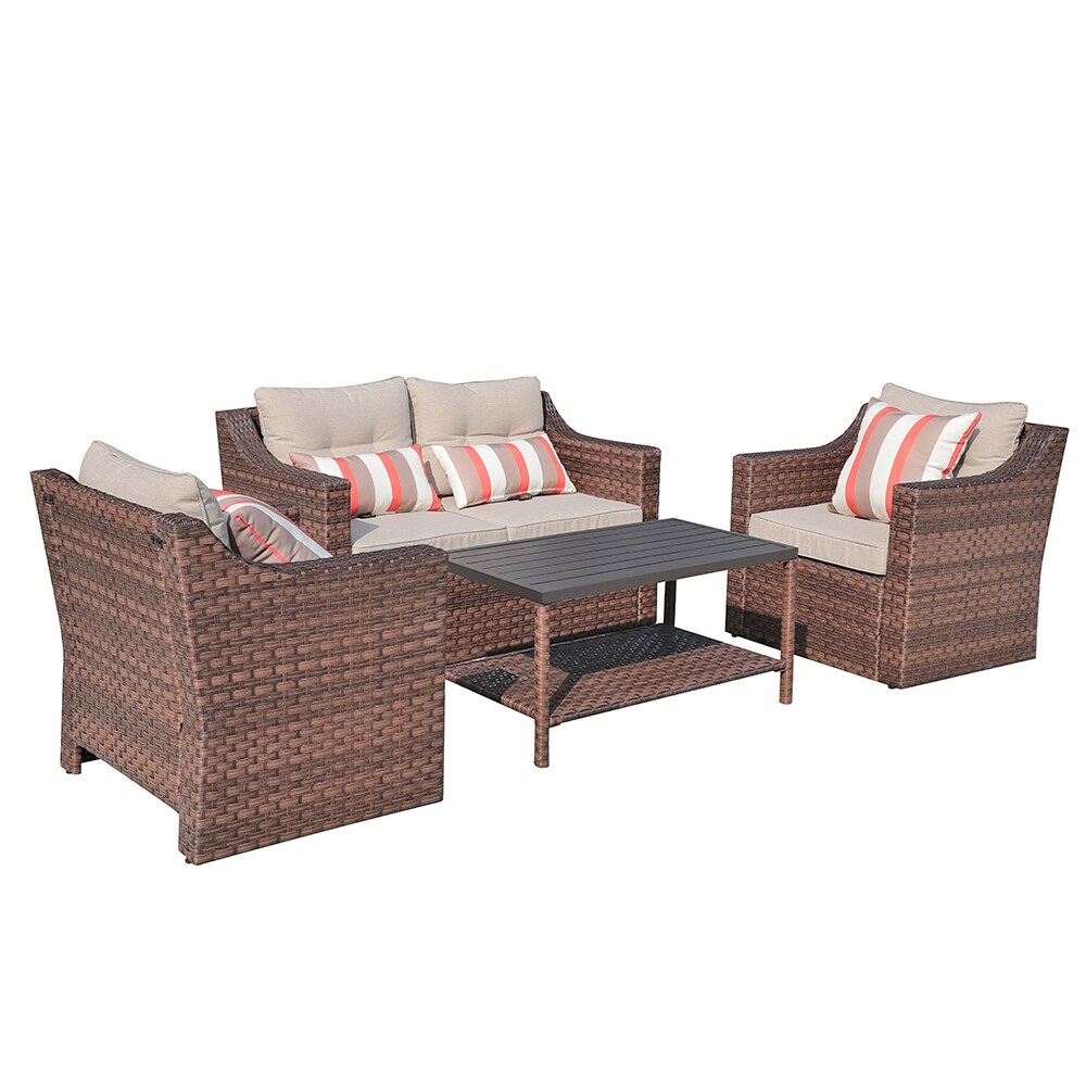 Shop 4 Piece Patio Conversation Set All Weather Woven Brown Wicker Furniture Beige Cushions Coffee Table W Aluminum Top Overstock 31743416