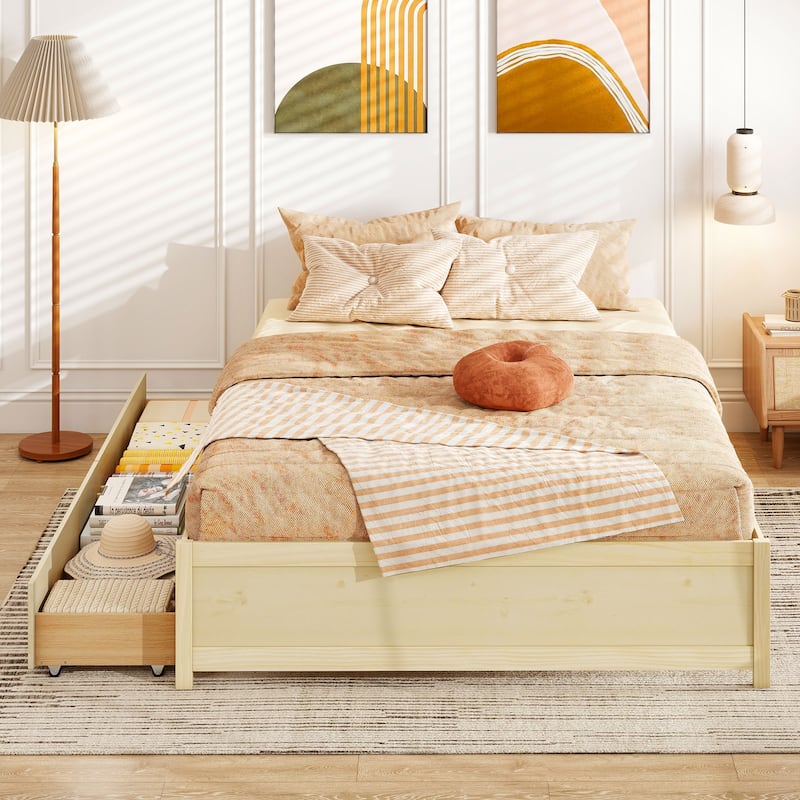 Full Size Wooden Platform Bed Frame with Storage Drawers Solid Wood Slatted Captain Bed No Box Spring Needed