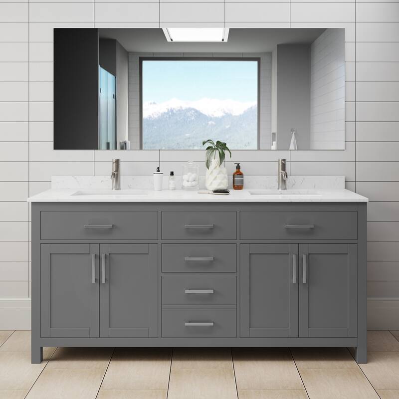Wyndham Collection WCG242472DCCUNSMXX Beckett 72" Free Standing Double - Steel Finish - Dark Gray / Carrara Cultured Marble Top / Brushed
