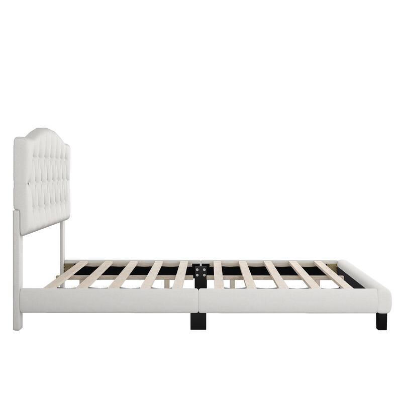 Beige Upholstered Low Profile Platform Bed Frame Saddle Curved Headboard Wingback Bed with Diamond Tufted Details Panel Bed
