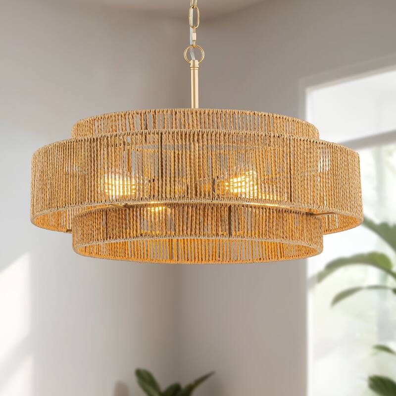 Starsky 4-Light 23inch Rattan Tiered Bohemian Light Fixture Drum Chandelier