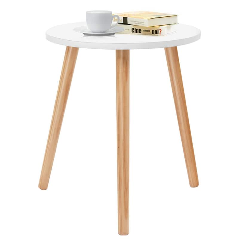Round White Coffee Table with MDF Top and Pine Wood Legs Modern Minimalist Side Table for Living Room or Office