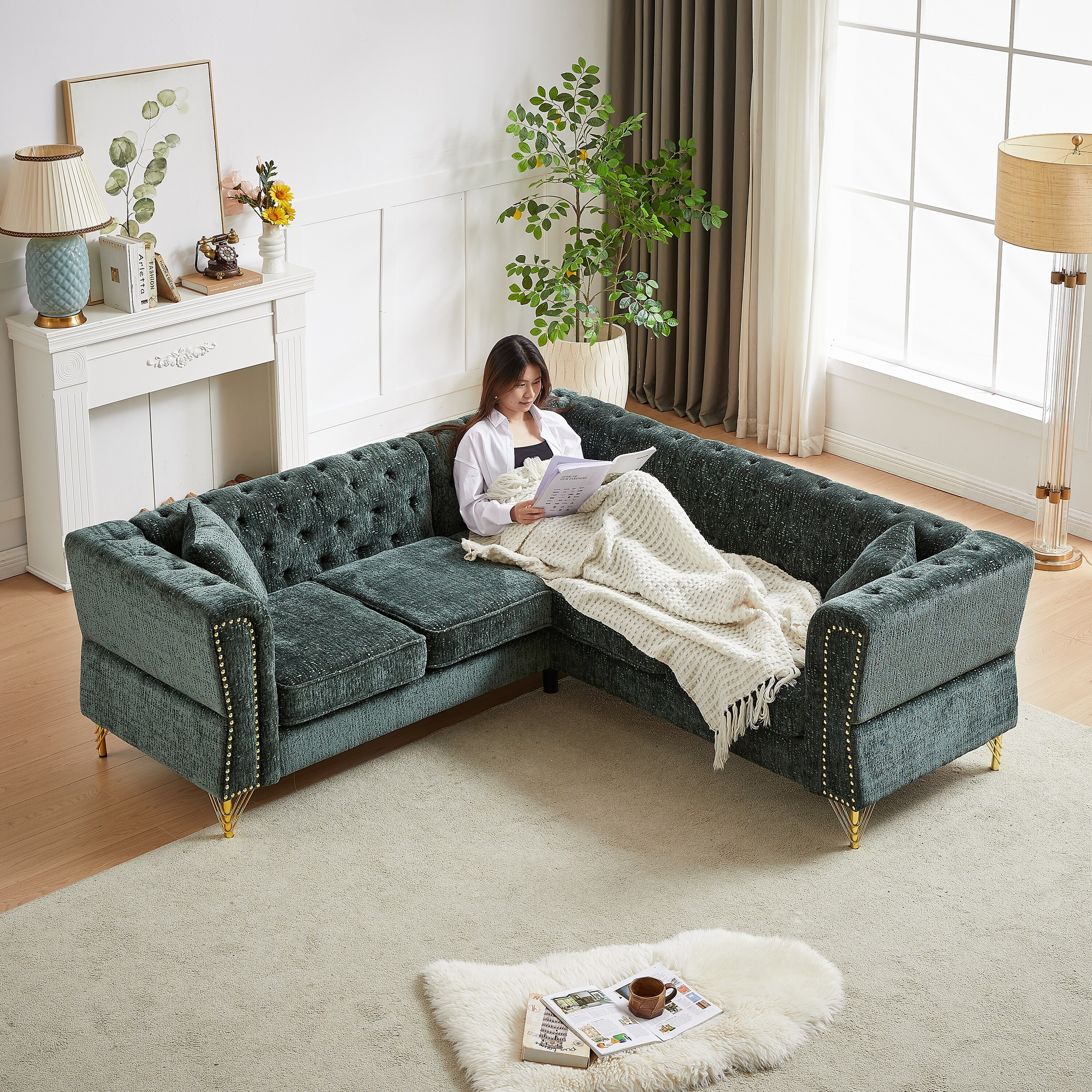 81.5 Inch Green Chenille Corner Sofa L Shaped Sectional Couch Symmetrical