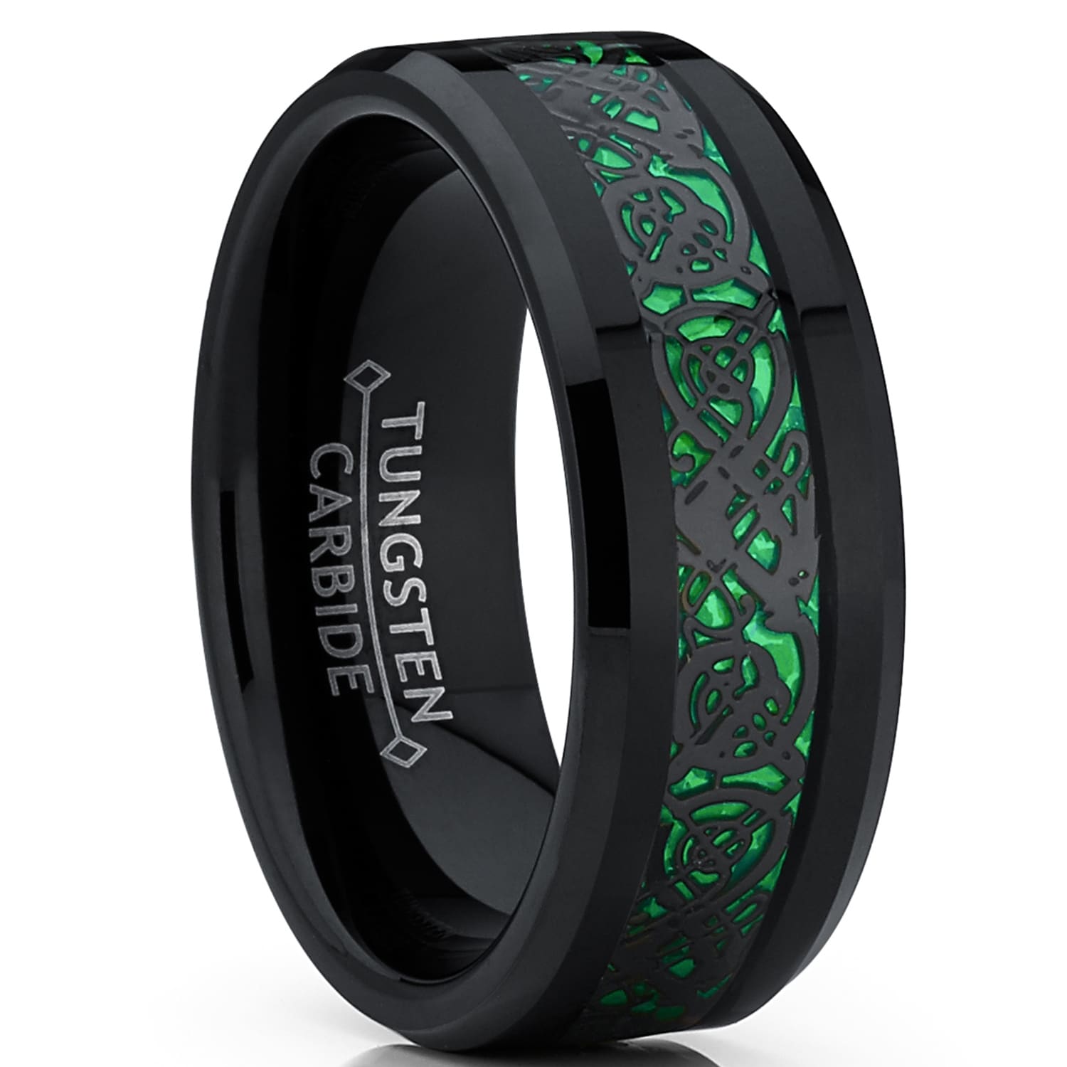 King Will 8mm Tungsten Carbide Ring Black Celtic Dragon Green Opal Inlay Mens Wedding Band Flat Comfort Fit