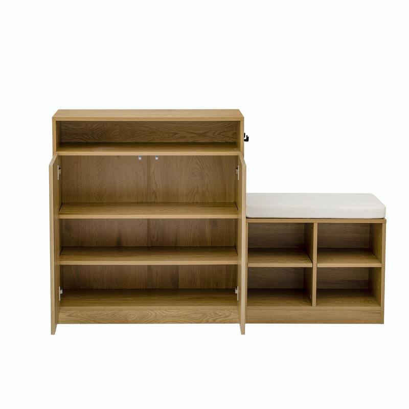 Living Room Cabinet with Shoe Bench, 2 Doors & 3-Tier Adjustable Shelves