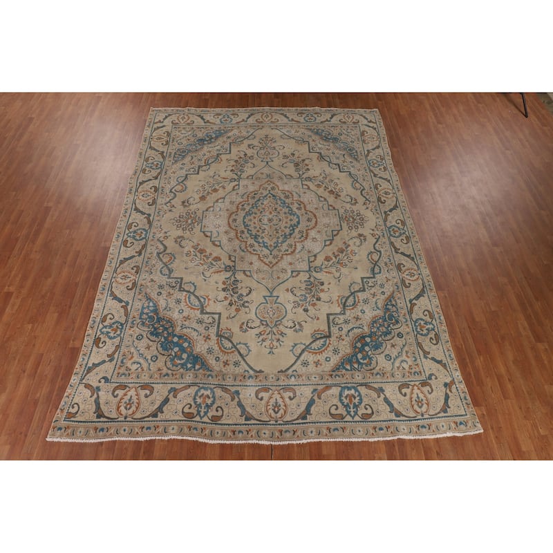 Distressed Tabriz Persian Vintage Area Rug Handmade Wool Carpet - 9'2" x 12'10"