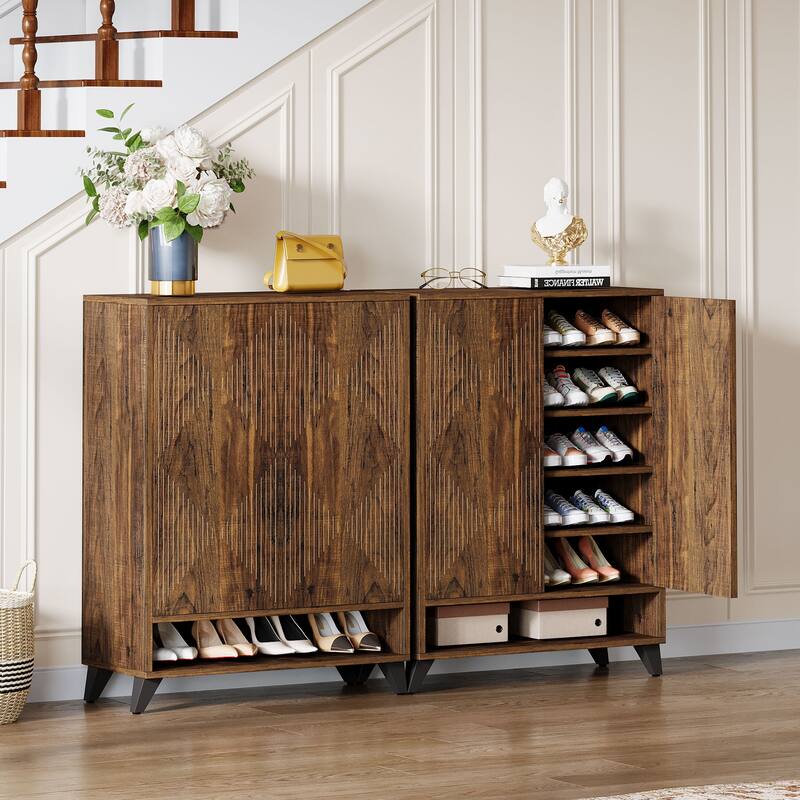 24 Pairs Large Wood Shoe Storage Cabinet with Doors for Entryway - 6-Tier