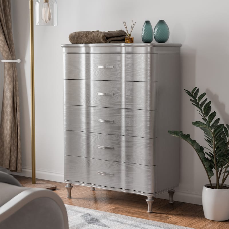 Furniture of America Seabliss Glam Solid Wood 5-Drawer Bedroom Chest - Silver
