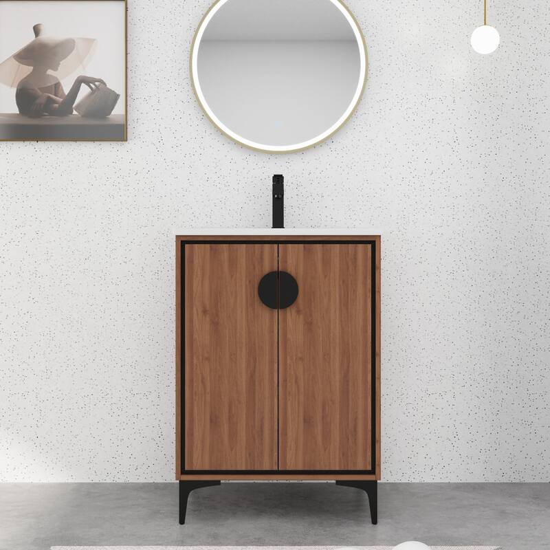 BNK 24/30 inch Freestanding Single Sink Bathroom Vanity with Soft Close Door and 1 adjustable shelf - 24''W - Brown