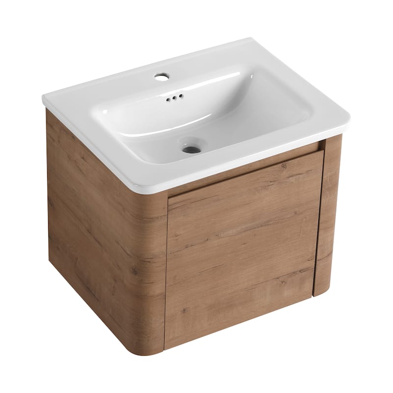 24'' Wall-Mounted Bathroom Vanity with White Ceramic Sink & 1-Soft-Close Door, KD-Packing, Plywood