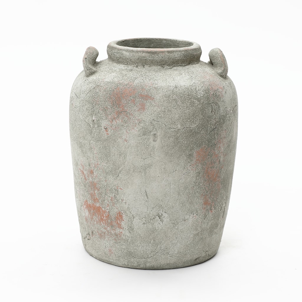 Rustic Old-World Gray & Brown 13.4" Tall Round Terracotta Vase with Handles