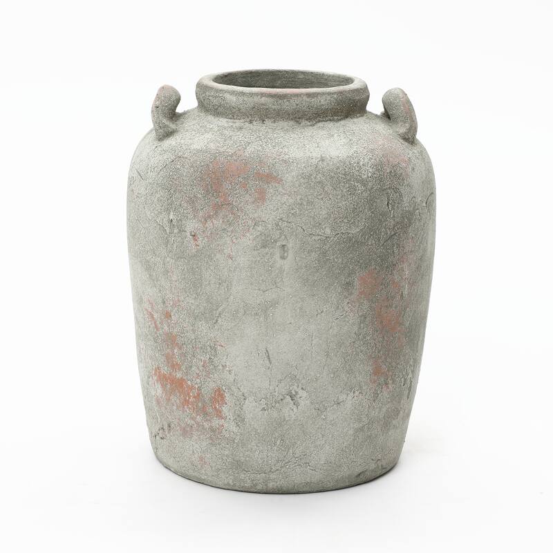 Rustic Old-World Gray & Brown 13.4" Tall Round Terracotta Vase with Handles