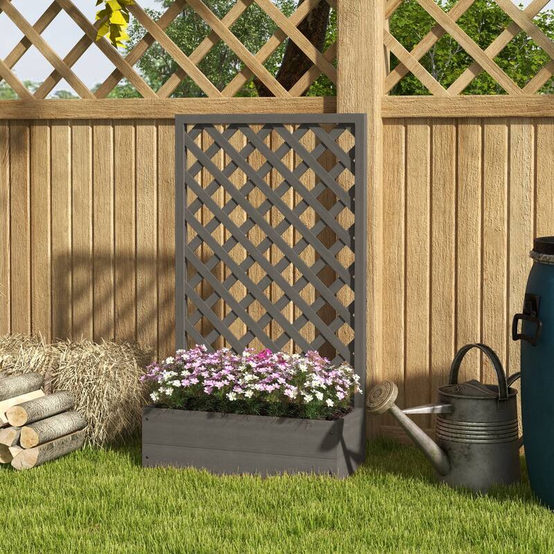 Outsunny Raised Garden Bed with Trellis Lattice, Planter Box with Self Draining Gap, Freestanding Trellis Planter for Plants - Dark Grey