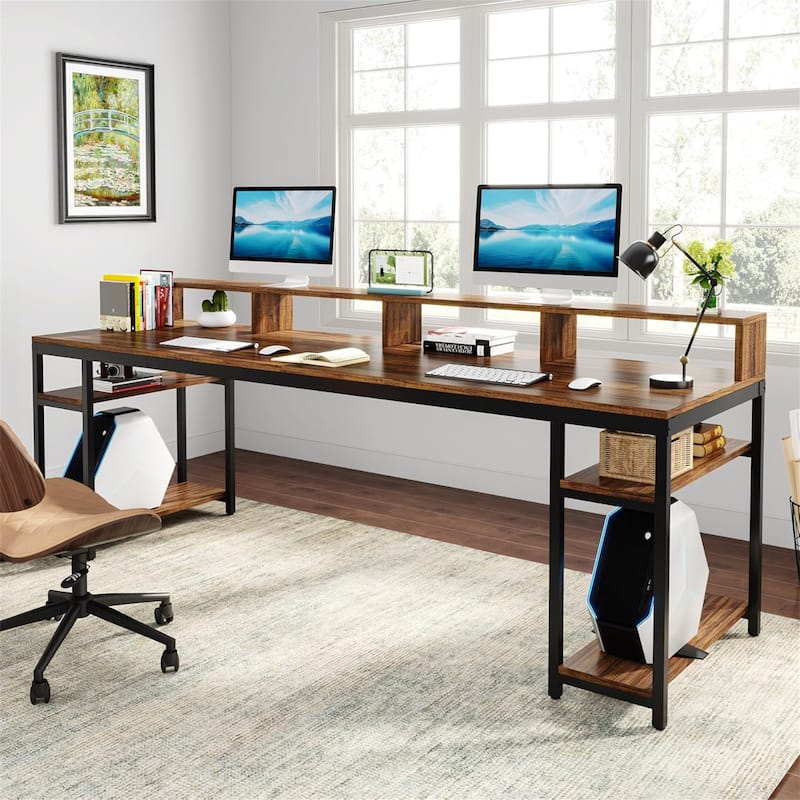 Extra-Long Two Person Computer Desk - Brown+Black