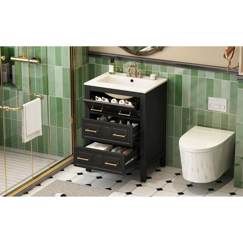 Roomfitters 24 Inch Bathroom Vanity with Ceramic Sink Combo, Free Standing Solid Wood Frame Cabinet with 3 Sliding Tiers