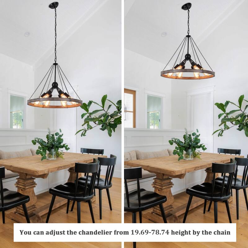 6-Light Modern Wagon Wheel Chandelier with Adjustable Chain for Study Foyer Kitchen Island