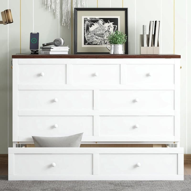 Murphy Bed Cabinet with Storage Drawer and Charging Station, USB Port - Walnut White - Full