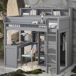 Elegant Sturdy Wood Twin Loft bed with Multiple Storage Shelves and Wardrobe, Built-in desk and Full-length Guardrails, Gray