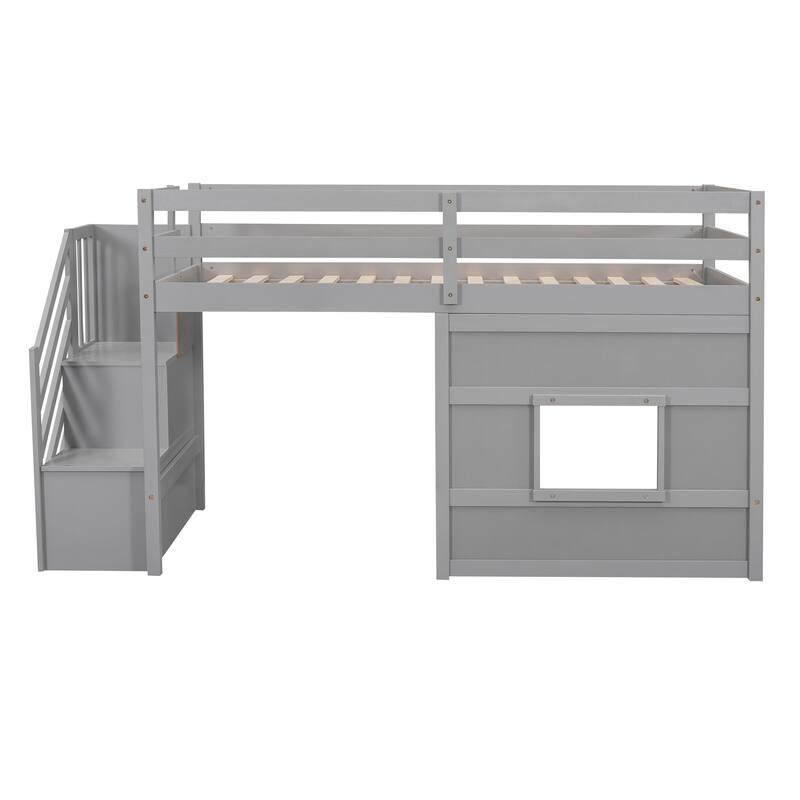 Twin Size Low Loft Bed with Storage Staircase and Window, Wooden Loft Bed Frame with Full Length Guardrail and Slat Support