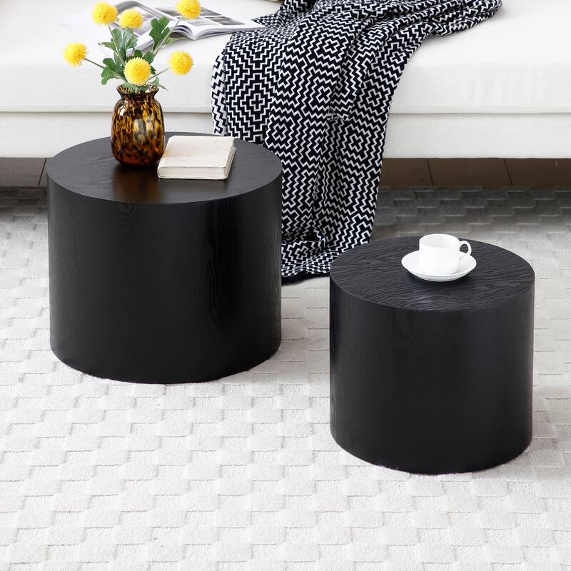 Wood Grain Coffee Table Set of 2 Round Nesting Side Table Lightweight End Table Modern Accent Table, No Assembly Required