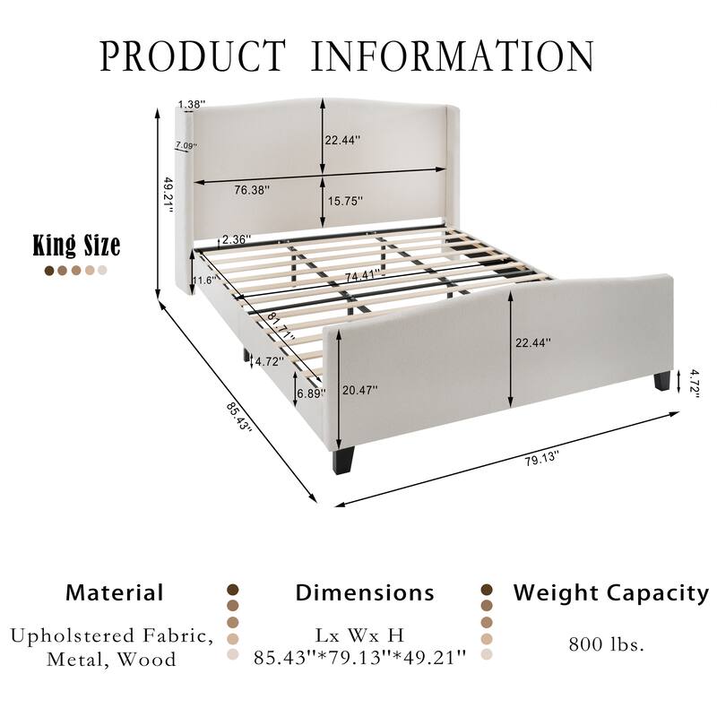 King Size Bed Frame with 49.21"High Back Upholstered Headboard