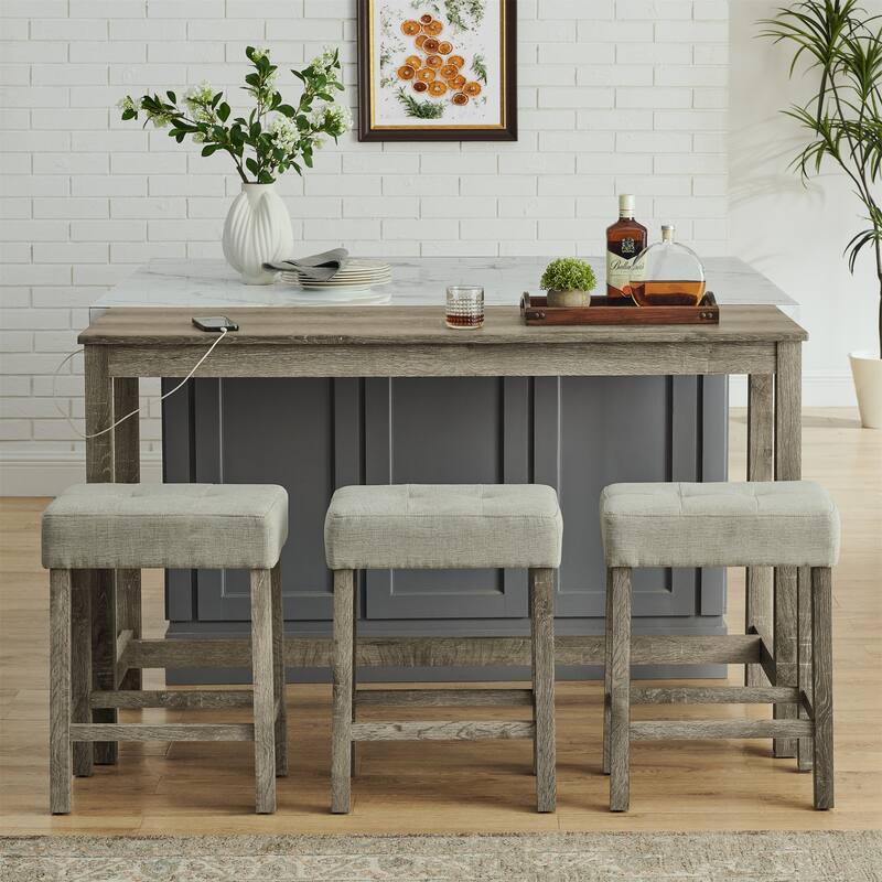 59" Counter Height Bar Table Set with Power Outlet, Industrial Breakfast Table with 3 Stools, 4 Piece Bar Table and Chairs Set