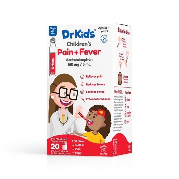 slide 1 of 1, DrKids Children's Pain & Fever, Acetaminophen 160mg per 5ml - 20ct