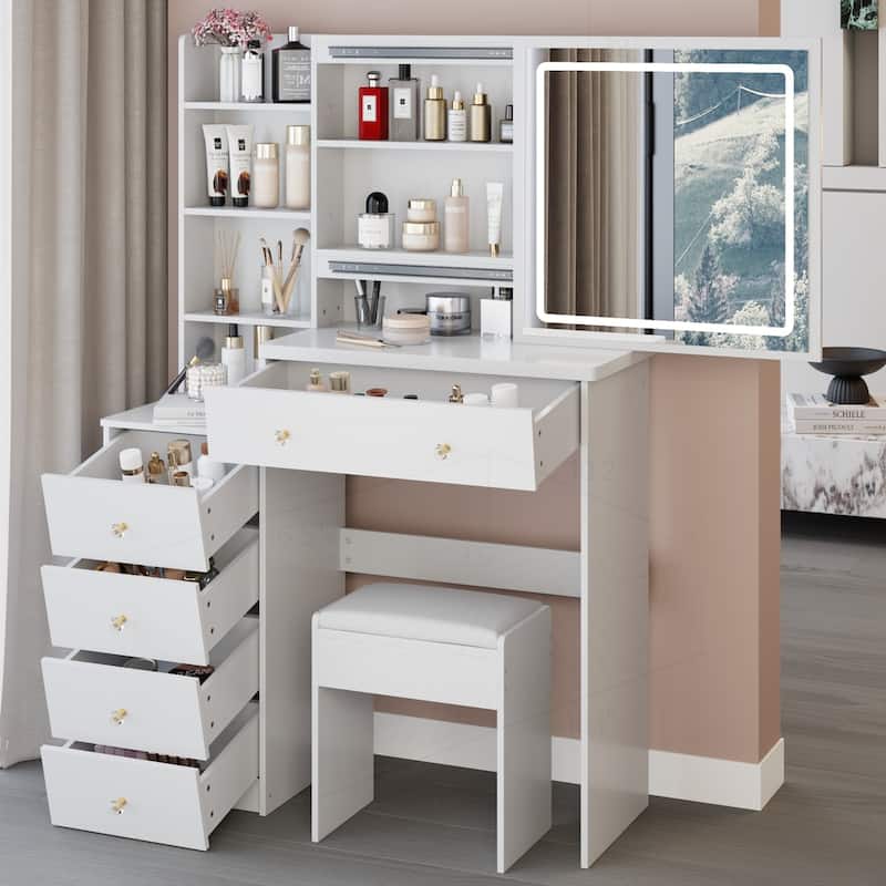 Versatile Bedside Cabinet with Advanced LED Mirror and Abundant Storage