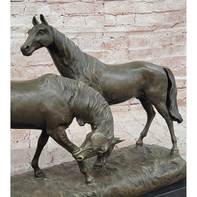 Necking Imitative Horses Equestrian Imitative Horse Lover Bronze Sculpture Statue Art Figure Marble Base