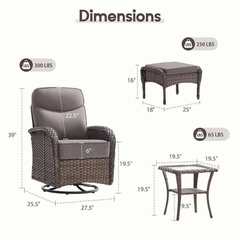 Meyreso 10-Piece Wicker Patio Swivel Glider Set with 6-Inch Thick Cushions and Ottomans