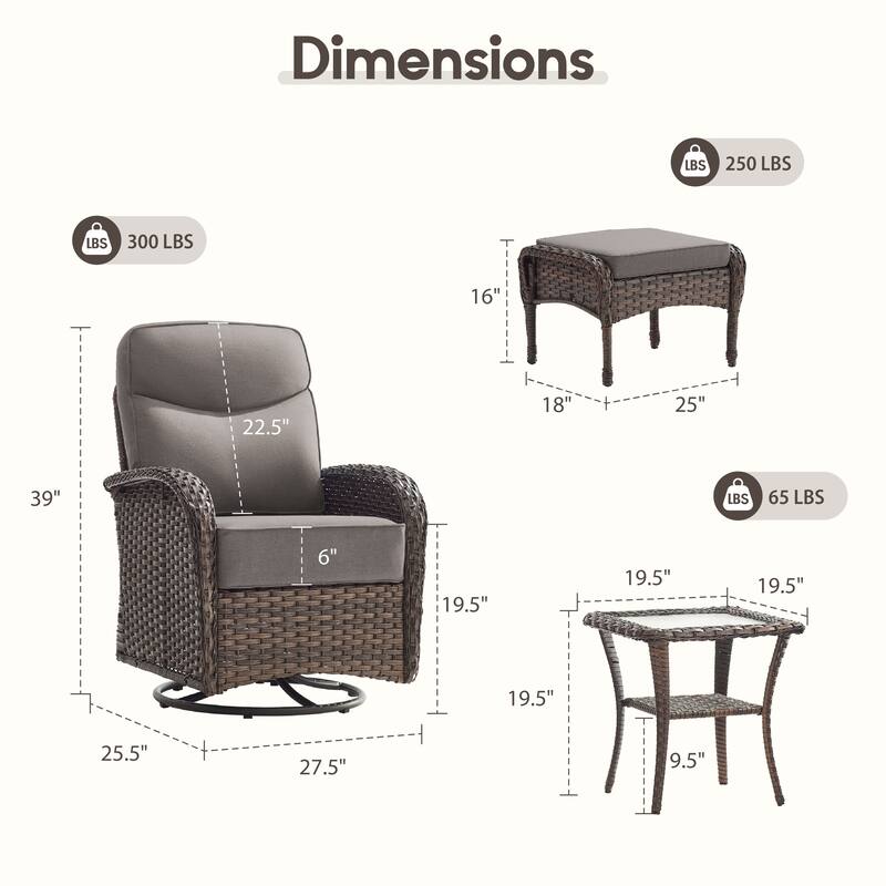 Meyreso 5-Piece Wicker Patio Swivel Glider Set with 6-Inch Thick Cushions